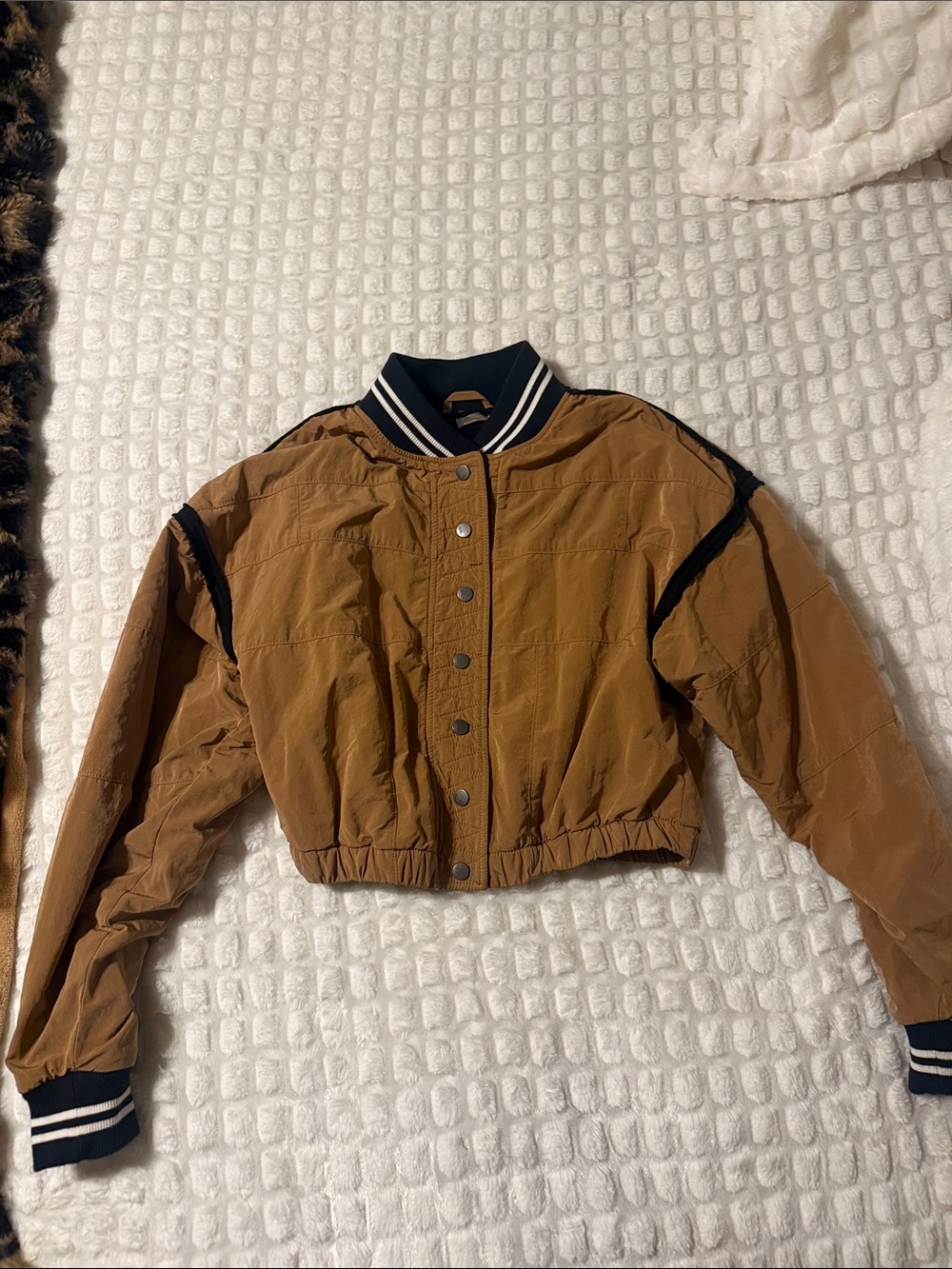 FP Movement by Free People Cropped Tan Bomber Varsity Jacket with Black Trim